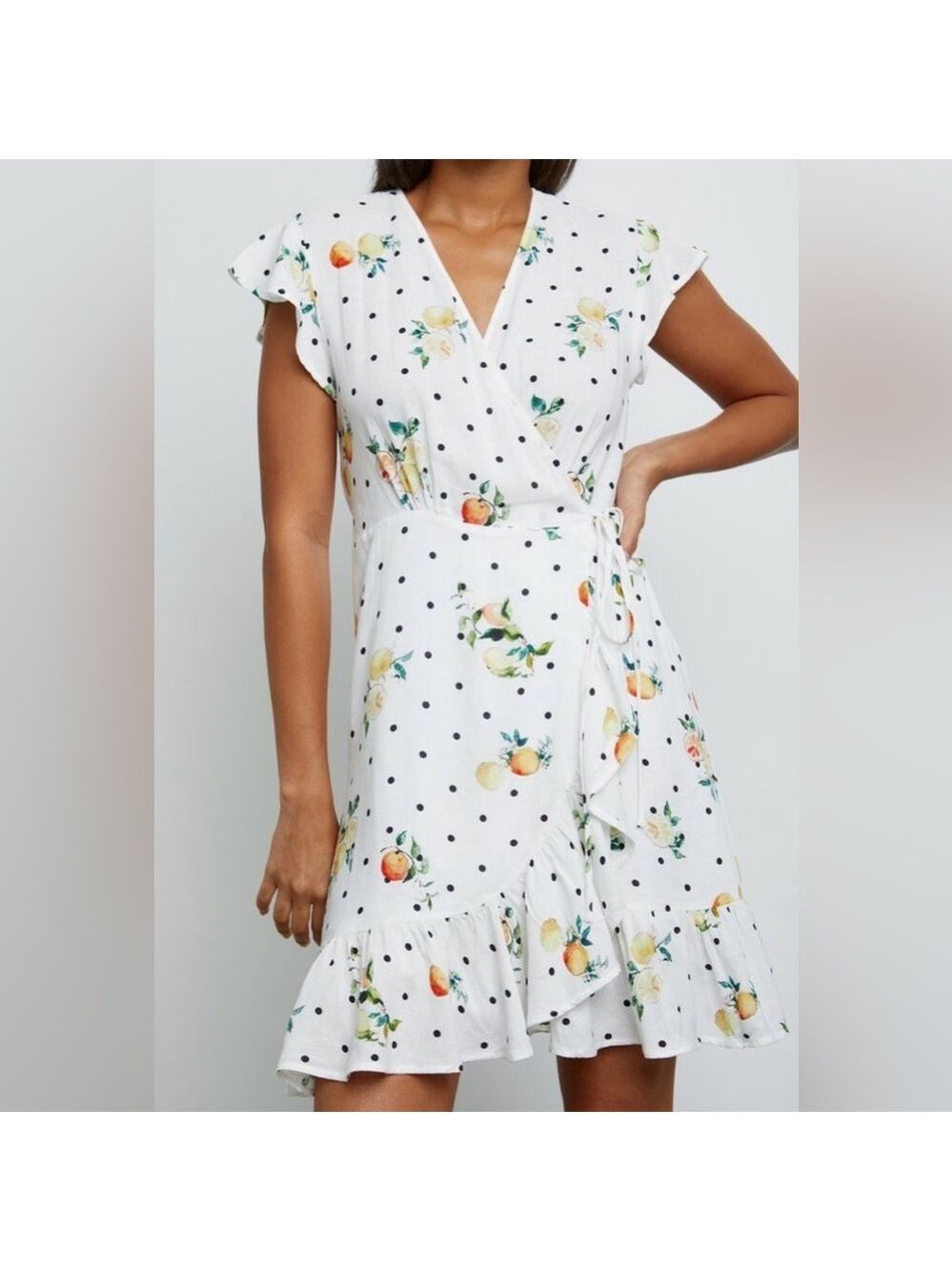 Rails Summer Dress Polka Dot Citrus Frilly Wrap Dress Feminine White Size XS